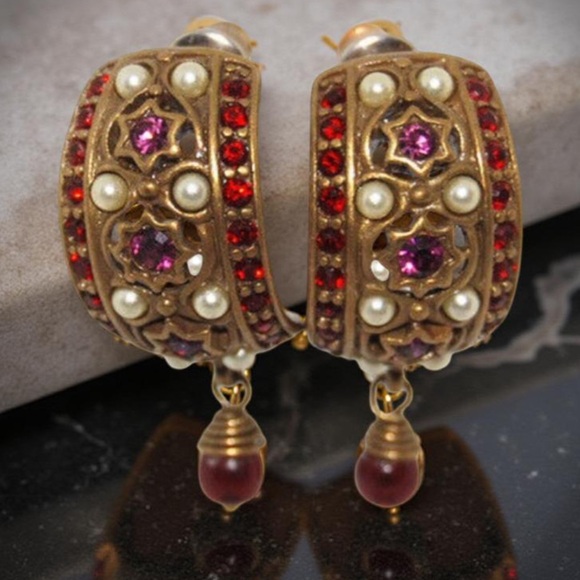 Designer Phillip Bloch Victorian Revival Red Garnet Post Hoop Earrings W Pearls - Picture 14 of 14